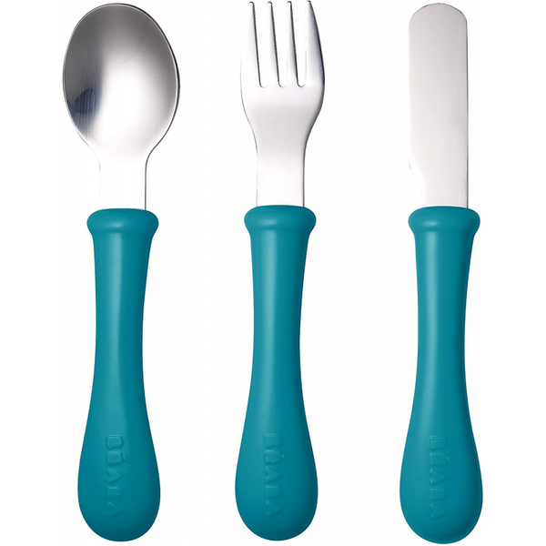 Beaba Stainless Steel Training Cutlery Knife/Fork/Spoon – Inox Blue