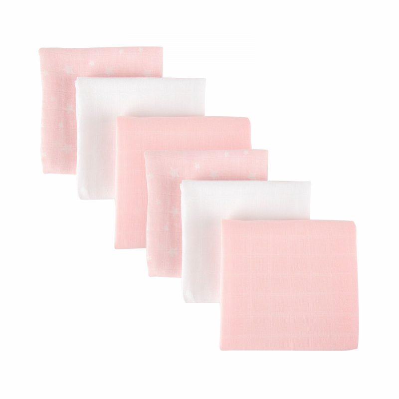 Mother&Baby 6 Pack Cotton Muslins - Pink Star_