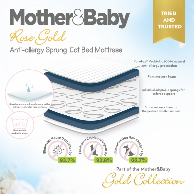 2 mother and baby rose gold cot bed mattress