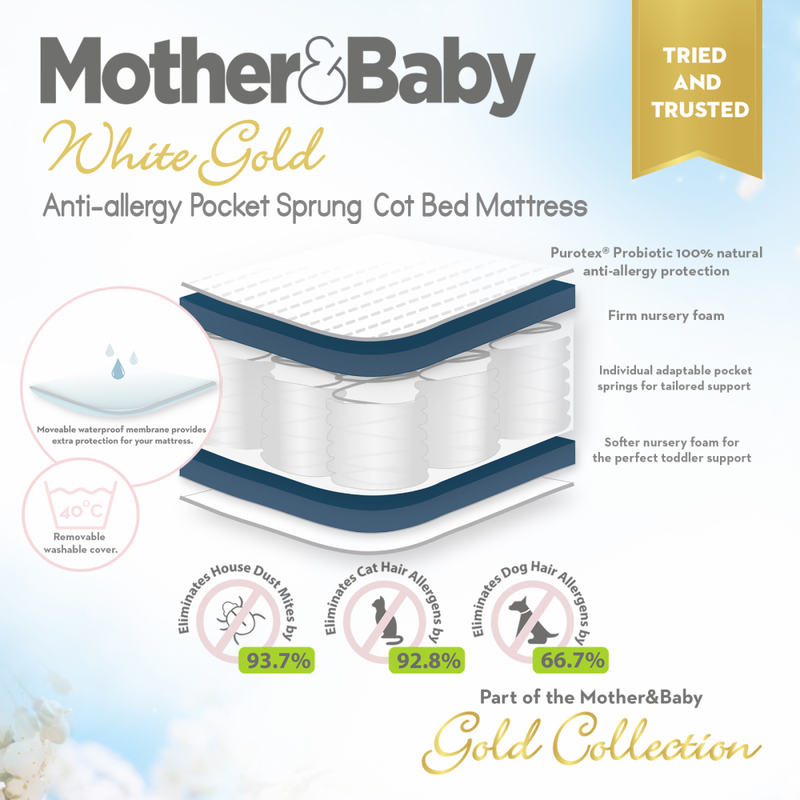 2 mother and baby white gold cot bed mattress