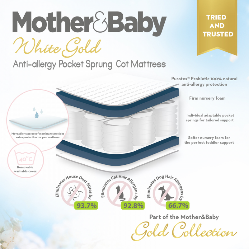2 mother and baby white gold cot mattress