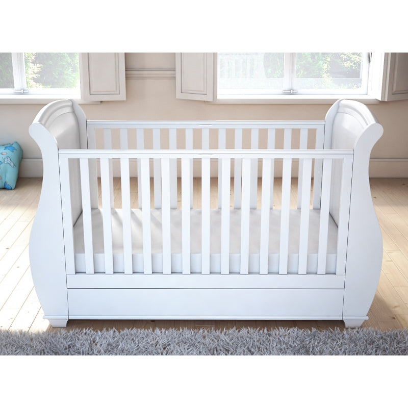 Babymore Bel Sleigh Drop Side Cot Bed With Drawer- White