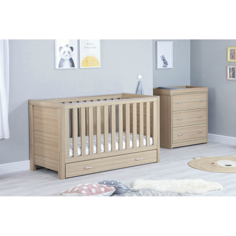 Babymore Luno Oak 2 Piece Plus Room Set - Cot Bed with Drawer & Chest