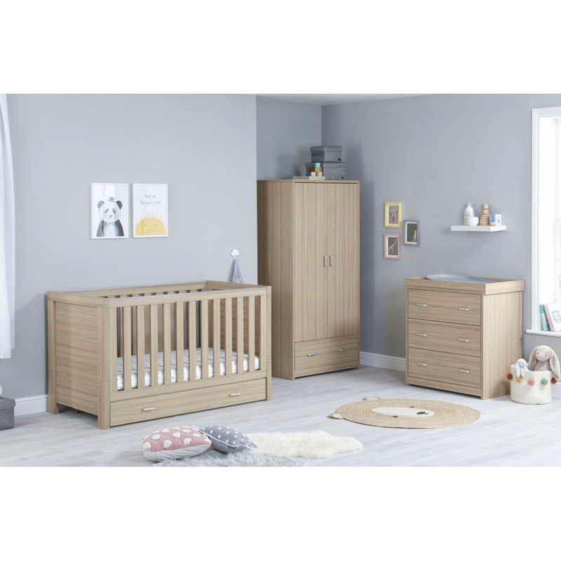 Babymore Luno Oak 3 Piece Plus Room Set - Cot Bed with Drawer, Chest & Wardrobe lifestyle
