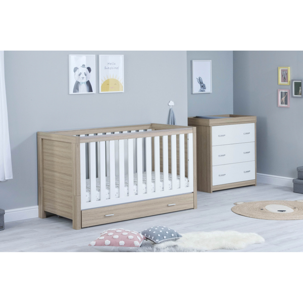 Babymore Luno White Oak 2 Piece Plus Room Set - Cot Bed with Drawer & Chest lifestyle