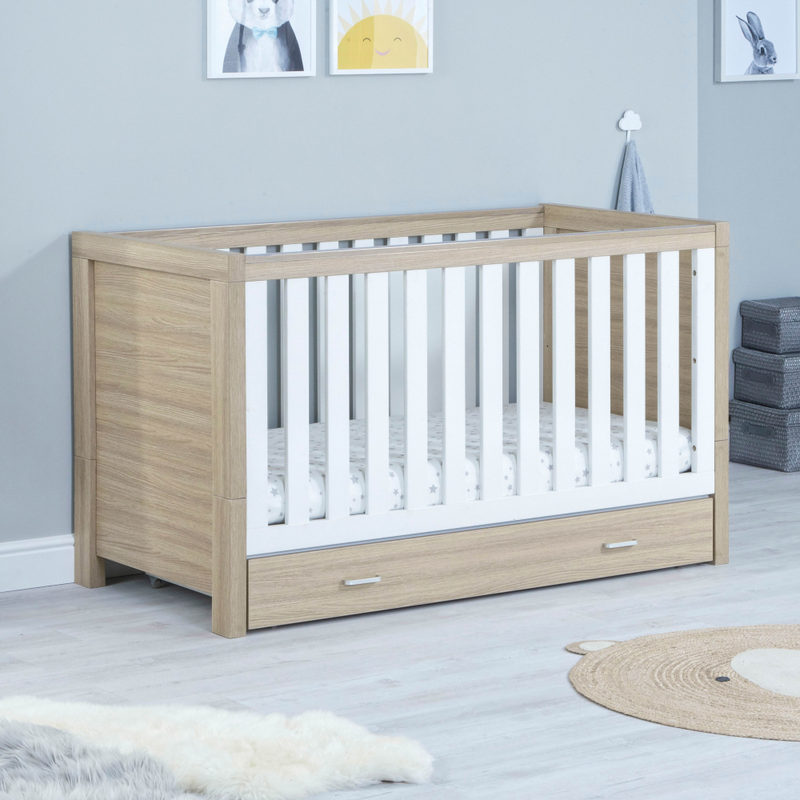Babymore Luno White Oak 2 Piece Plus Room Set - Cot Bed with Drawer & Chest