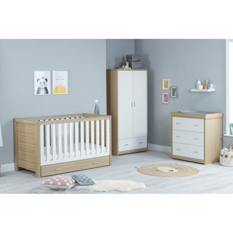 Babymore Luno White Oak 3 Piece Plus Room Set - Cot Bed with Drawer, Chest & Wardrobe lifestyle