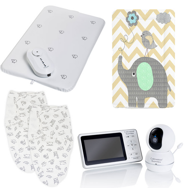 Callowesse Newborn Baby Bundle – Apprise Breathing Monitor, RoomView Video Monitor, Pack of Two Monochrome Jungle Swaddles and Elephant Changing Mat