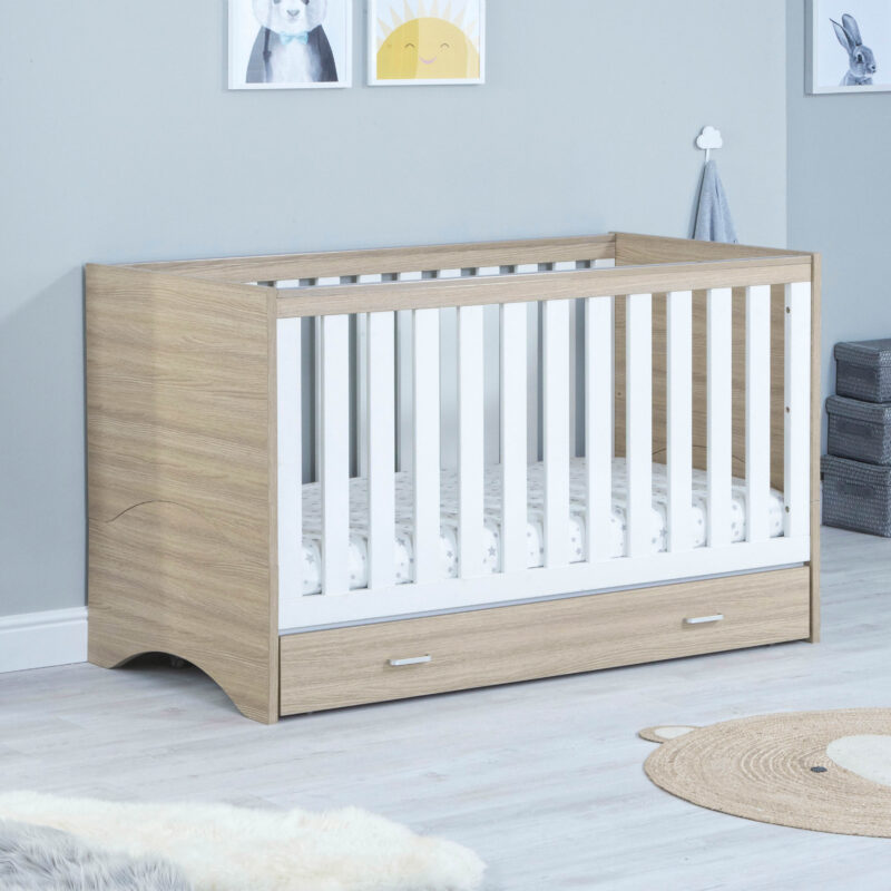 Babymore Veni Cot Bed With Drawer - Oak White