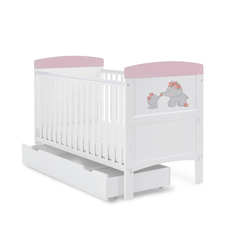 Obaby Grace Inspire Cot Bed & Underdrawer – Me & Mini Me Elephants – Pink