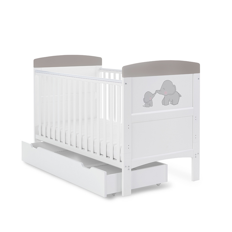 Obaby Grace Inspire Cot Bed &amp; Underdrawer - Me & Mini Me Elephants - Grey