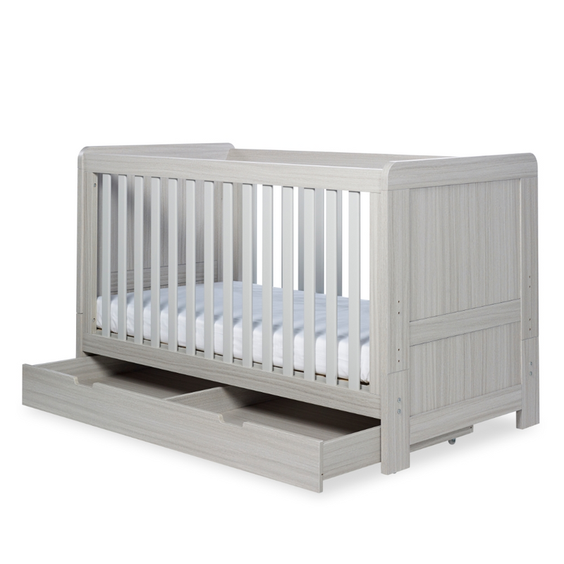 Ickle Bubba Pembrey Cot Bed and Under Drawer - Ash Grey - Open Drawer