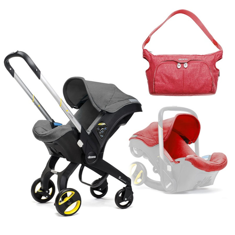 Doona Car Seat Stroller Nitro Black With Colour Pack & Essentials Bag (Red)