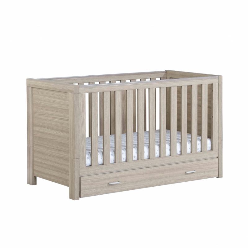 Luno Cot Bed with Drawer - Oak - Angled View