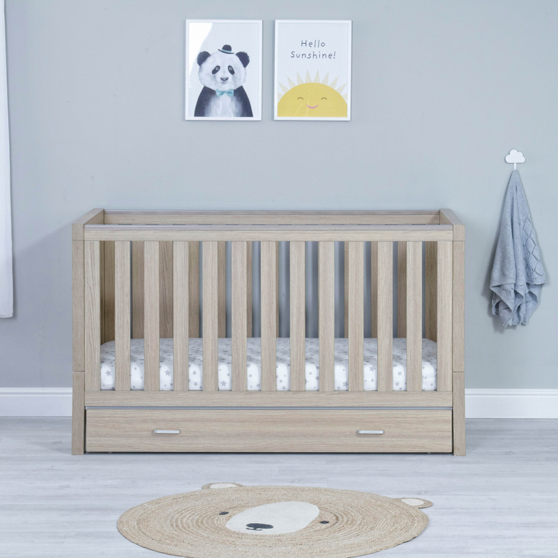 Luno Cot Bed with Drawer - Oak - Front View