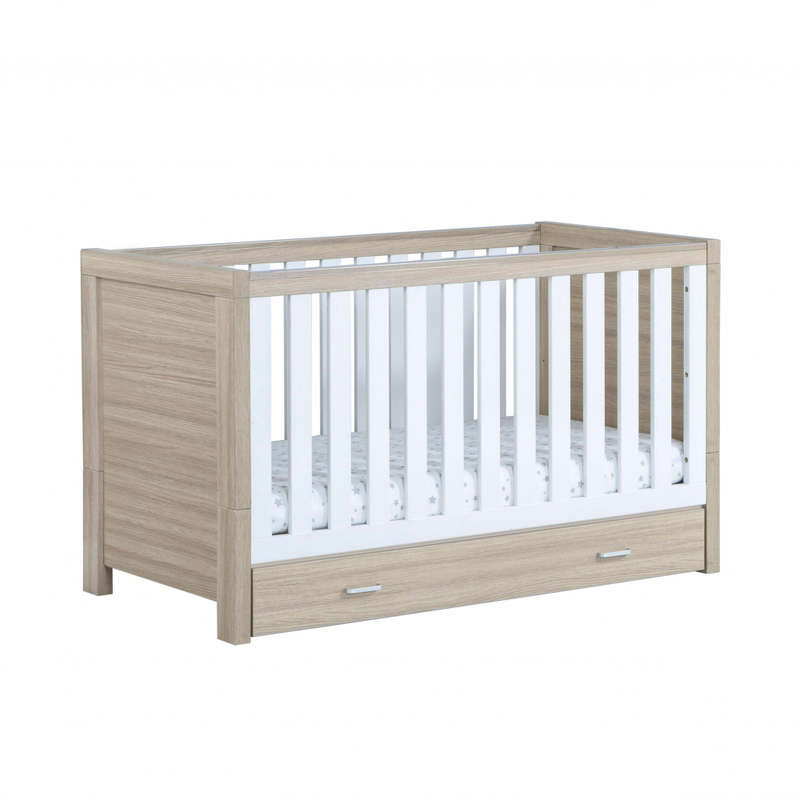 Luno Cot Bed with Drawer - White Oak - Angled View