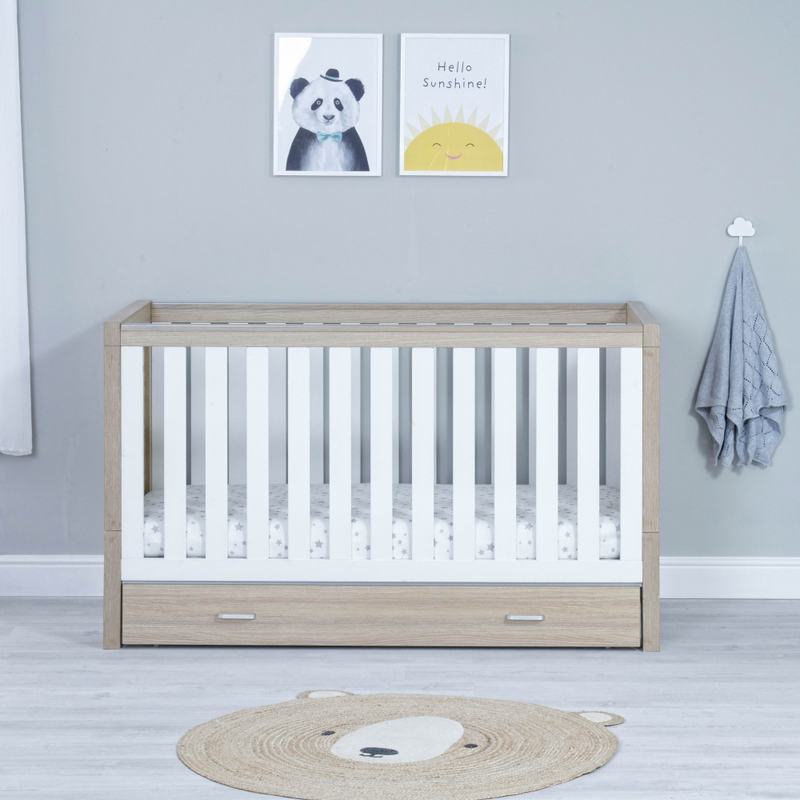 Luno Cot Bed with Drawer - White Oak - Front View