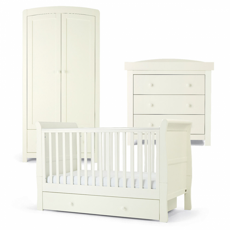 Mamas & Papas Mia Sleigh Cot Bed Range (Cotbed, Dresser & Wardrobe)- White