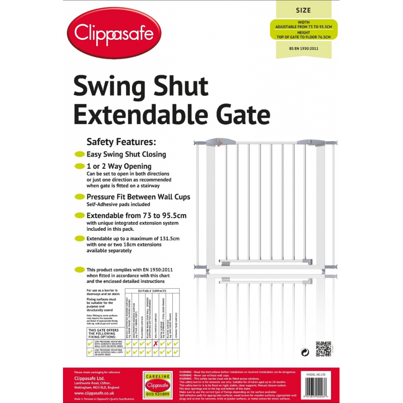 Clippasafe Swing Shut Extendable Gate – 73cm – 95.5cm – White