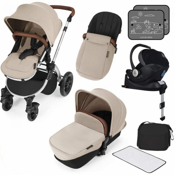 Ickle Bubba Stomp V3 i-Size Travel System with ISOFIX Base – Sand on Silver Frame