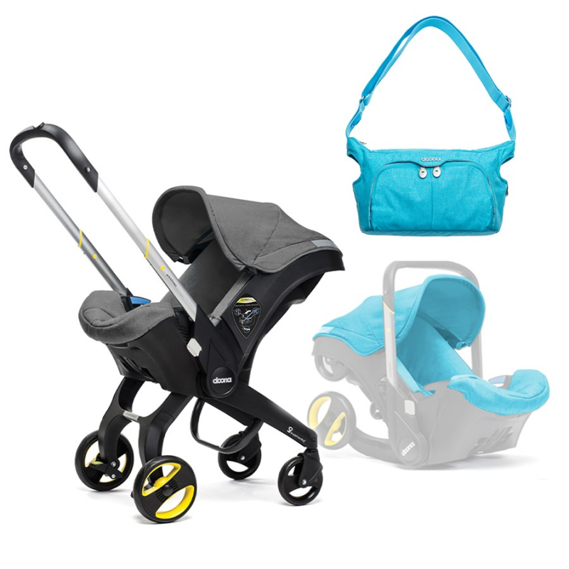 Doona Car Seat Stroller Storm Grey With Colour Pack & Essentials Bag (Blue)