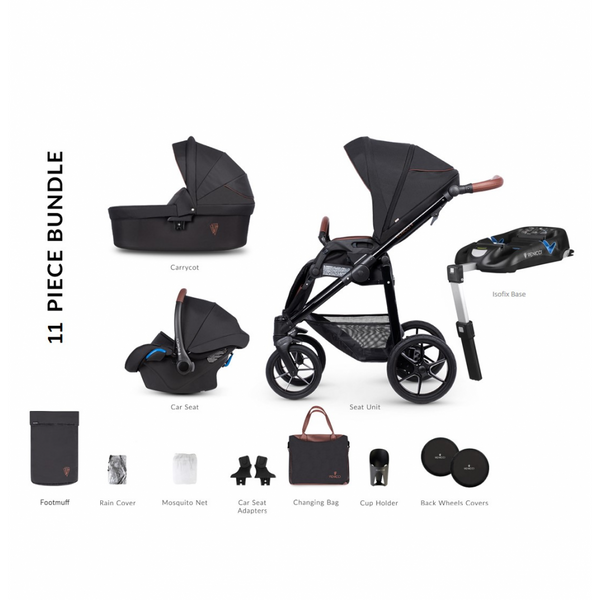 Venicci Gusto 2.0 3-in-1 Travel System and ISOFIX Base (11 Piece Bundle) - Noir
