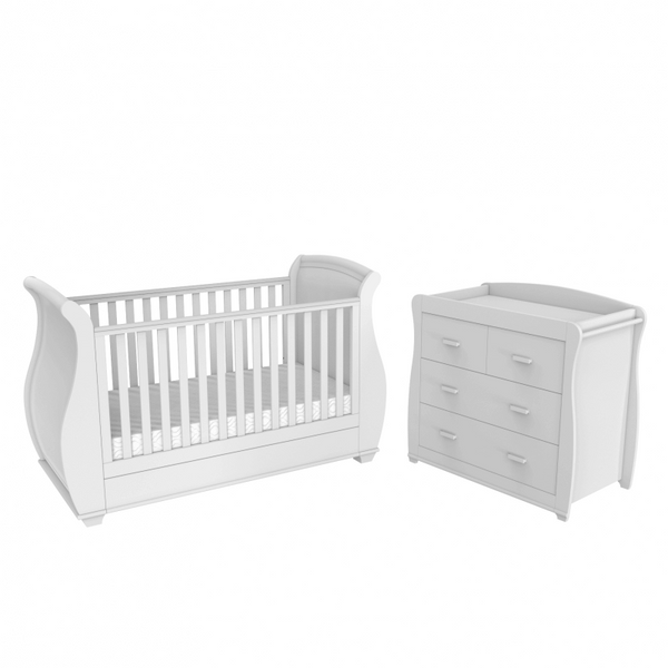 Babymore Bel Sleigh 3 Piece Room Set With Deluxe Mattress– White