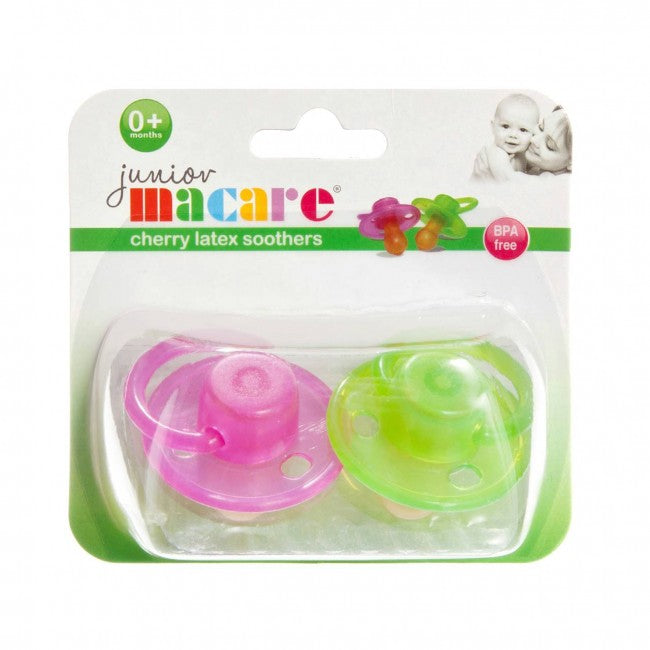 Junior Macare Cherry Latex Soothers - 0m+ - Pink and Green - Twin Pack