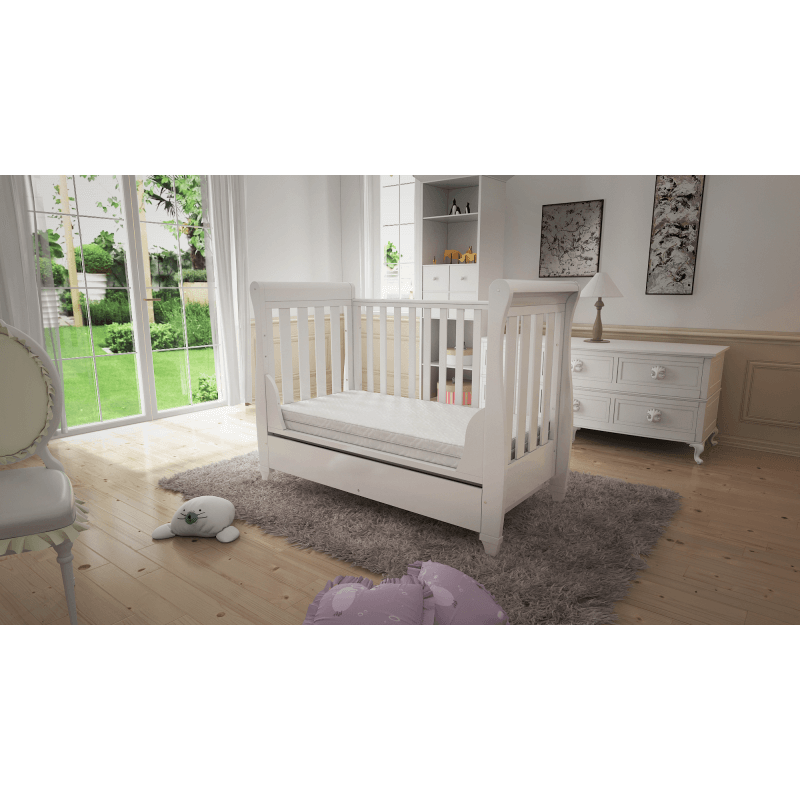 Babymore Eva Sleigh Dropside Cot Bed with Drawer – White