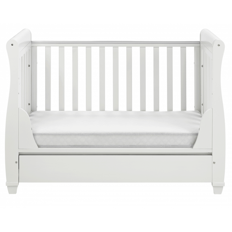 Babymore Eva Sleigh Dropside Cot Bed with Drawer – White