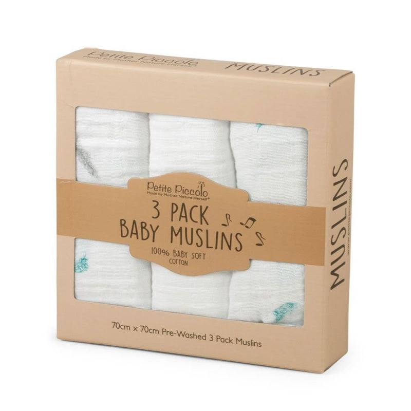Petite Piccolo 3 Pack Muslins - Feathers