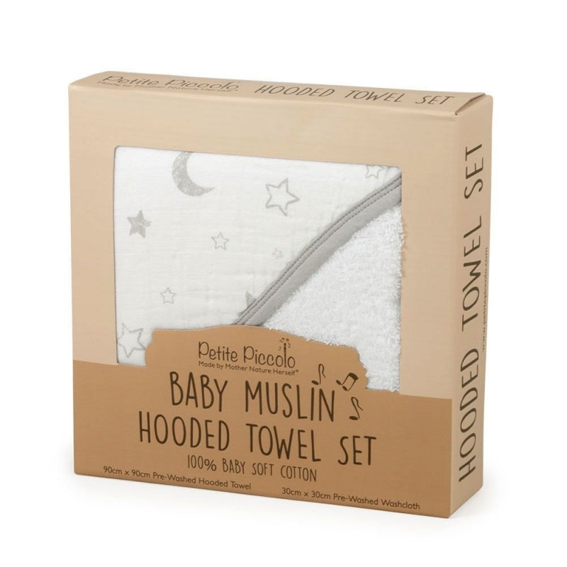 Petite Piccolo Hooded Towel and Washcloth Set - Moon and Stars