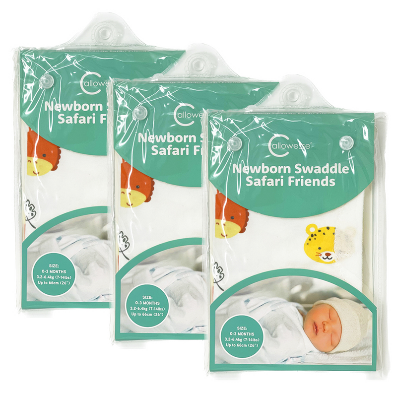 Callowesse Newborn Baby Swaddle - 0-3 Months - Safari Friends - Pack of 3