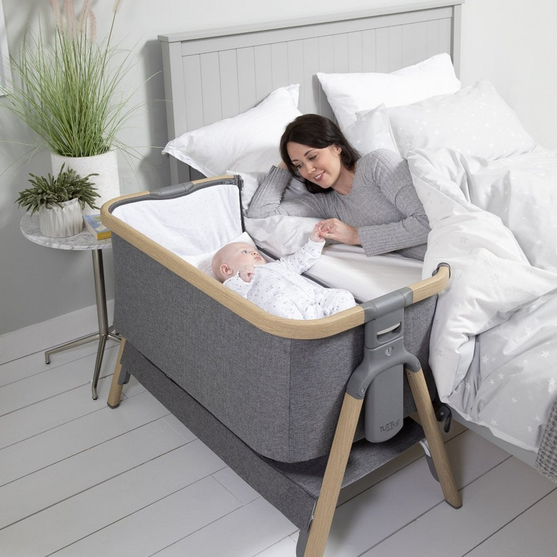 Tutti Bambini CoZee Air Bedside Crib - Oak and Charcoal lifestyle