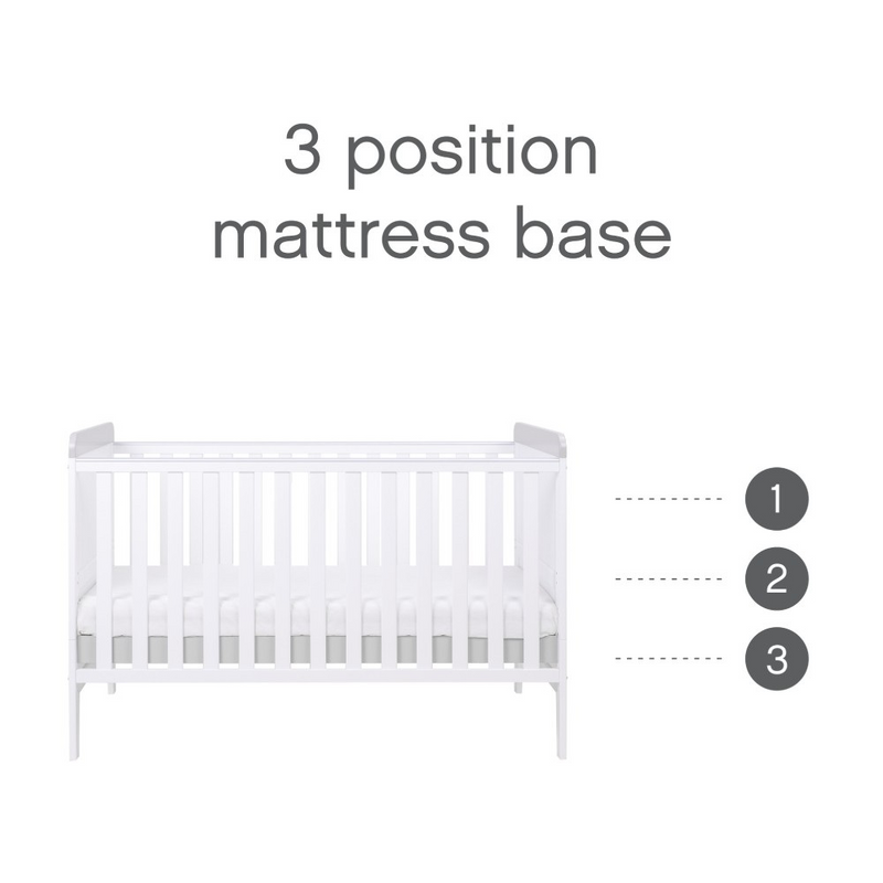 Tutti Bambini Rio Cot Bed with Cot Top Changer & Mattress - White/Dove Grey Positions