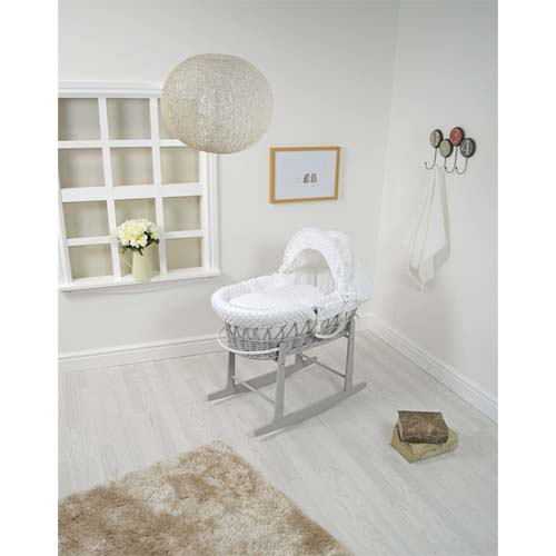 Cuddles Collection Grey Wicker Moses Basket With White Dimple Design